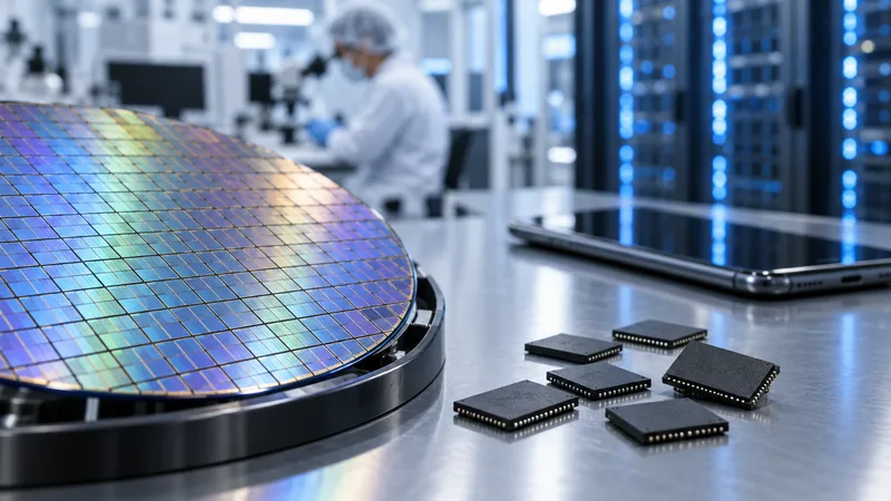 A semiconductor wafer and memory chips beside a smartphone and server equipment in a clean technology lab.
