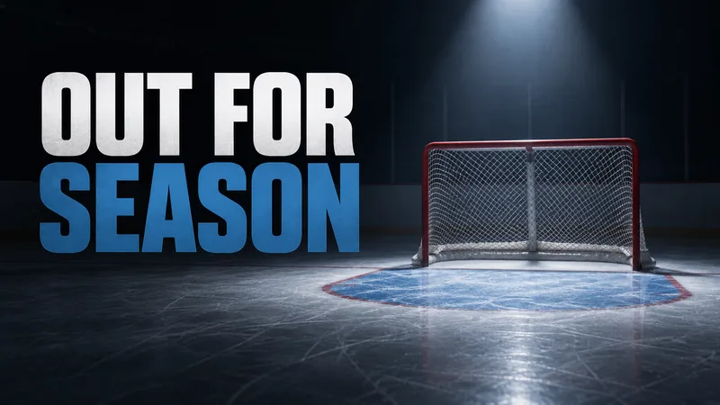 An empty generic hockey goal sits in a dark rink beneath OUT FOR SEASON.