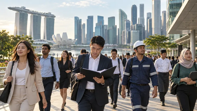 Commuters and a worker in a hard hat cross an urban walkway in front of Singapore’s downtown skyline.