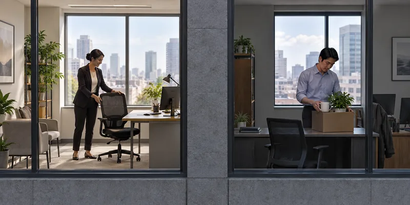 Two separate offices show one manager preparing a chair for a new colleague and another worker packing personal items.