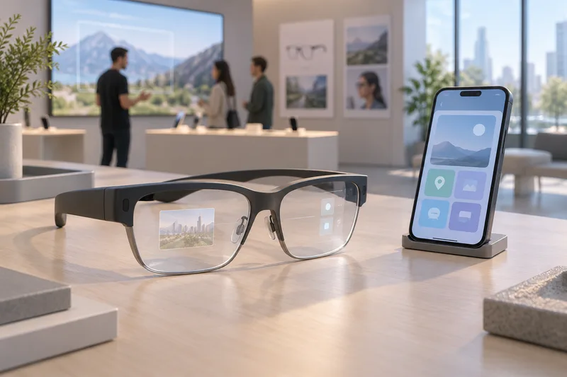 Generic augmented-reality glasses with a subtle translucent display sit beside a smartphone in a demo showroom.