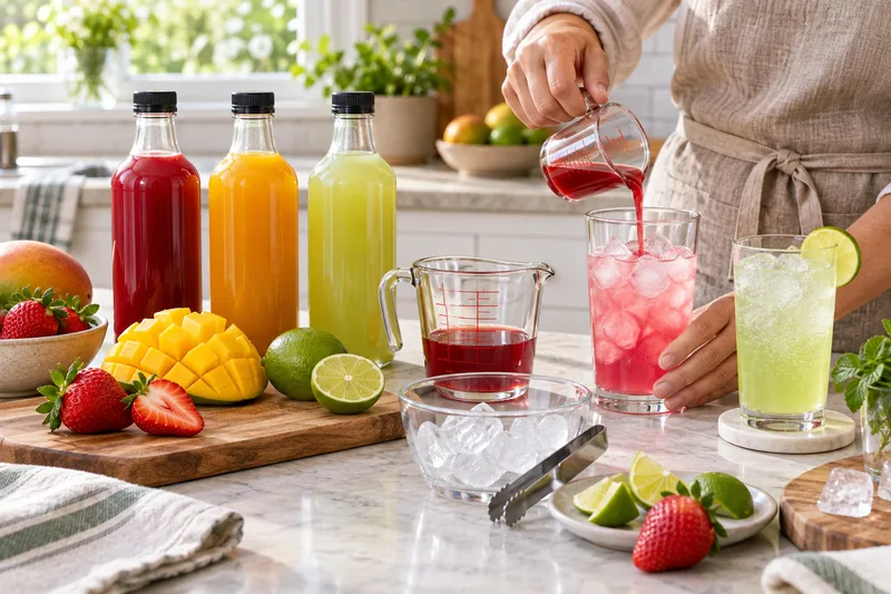 Three generic fruit-flavored concentrate bottles beside measuring cups and glasses being mixed over ice.