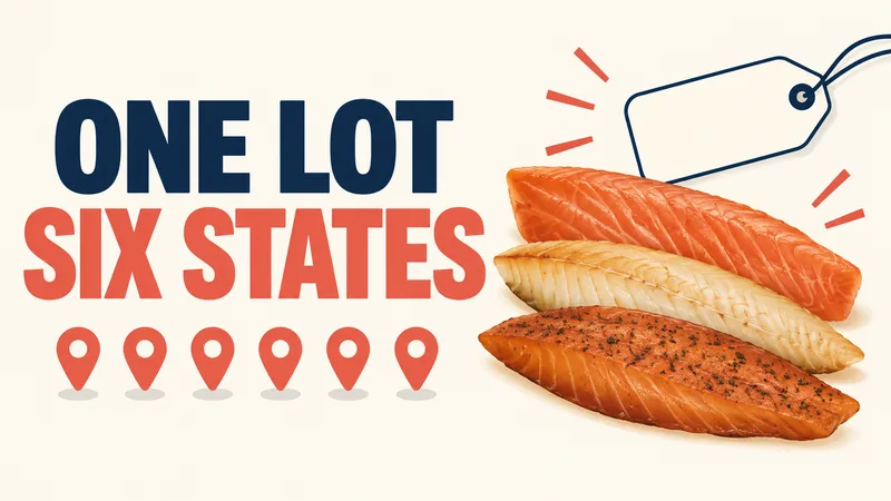 Three generic smoked-fish fillets sit beside a blank tag and six symbolic location pins under ‘ONE LOT / SIX STATES.’