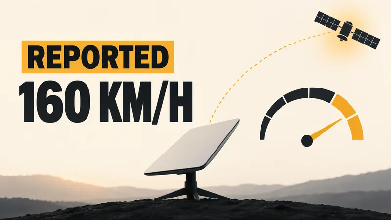 Concept illustration of an unbranded satellite terminal, speed gauge and the words REPORTED 160 KM/H.