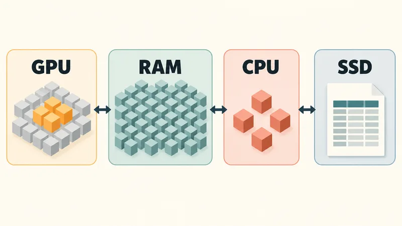 Concept diagram labeled GPU, RAM, CPU and SSD, showing a highlighted expert cluster, full RAM block array, remainder blocks and a lookup sheet.