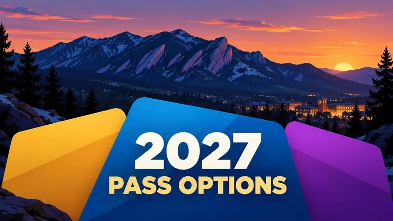 Three unbranded pass-shaped color bands sit against an illustrated Colorado mountain ridgeline beneath the exact words 2027 and PASS OPTIONS.