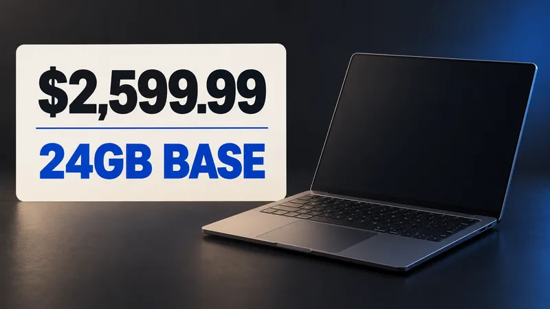 A generic unbranded laptop sits beside a high-contrast card reading “$2,599.99” and “24GB BASE.”