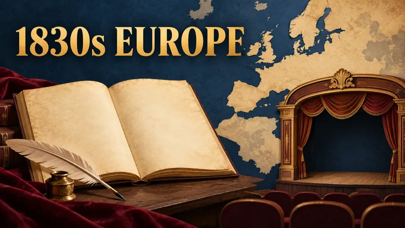 An unlettered script and quill sit before an empty red-curtained stage and an unlabeled map motif beneath the words 1830s EUROPE.