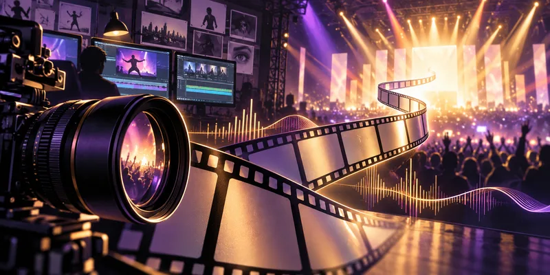 A camera lens frames a concert while a strip of blank film curves toward stage lights, symbolizing music-video direction.