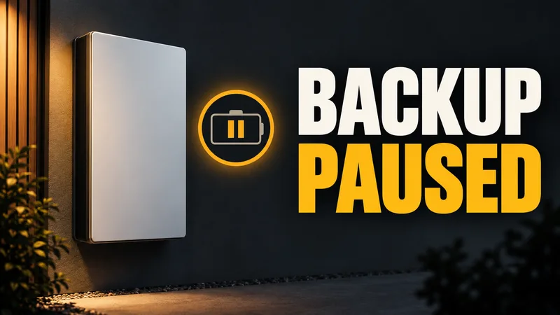 Concept illustration of an unbranded wall-mounted storage battery and a pause symbol beside BACKUP PAUSED.