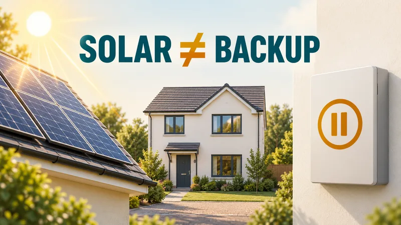 Concept illustration of solar panels in daylight beside a storage battery marked with a pause symbol under SOLAR ≠ BACKUP.
