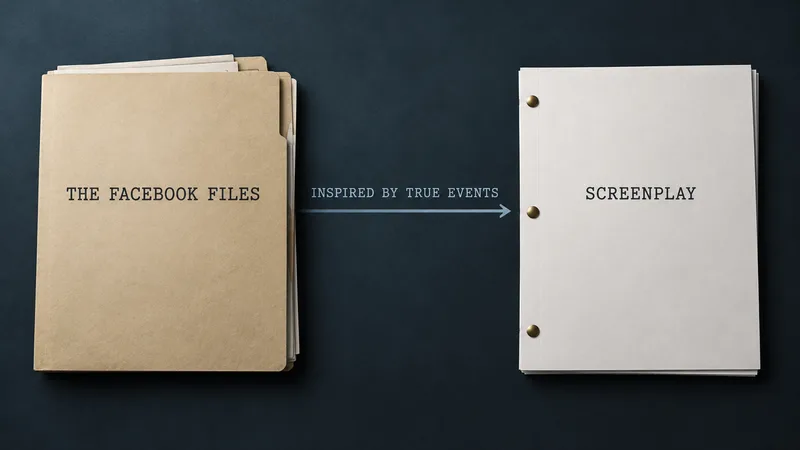 Concept illustration showing The Facebook Files reporting linked to a screenplay by the phrase Inspired by True Events.