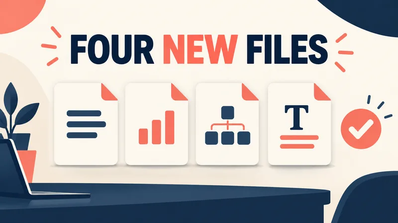 Four blank file cards and a separate attestation check symbol appear under the words ‘FOUR NEW FILES.’