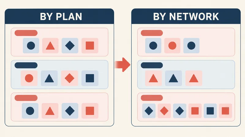 A two-panel schematic shows abstract rate tiles grouped by plan on the left and re-grouped by network on the right under ‘BY PLAN’ and ‘BY NETWORK.’