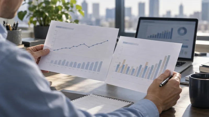 A worker compares two paper employment charts beside a laptop displaying abstract payroll graphs.