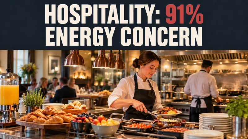 A hotel-brasserie breakfast service scene below the words HOSPITALITY: 91% and ENERGY CONCERN, explicitly pairing the statistic with the sector label.