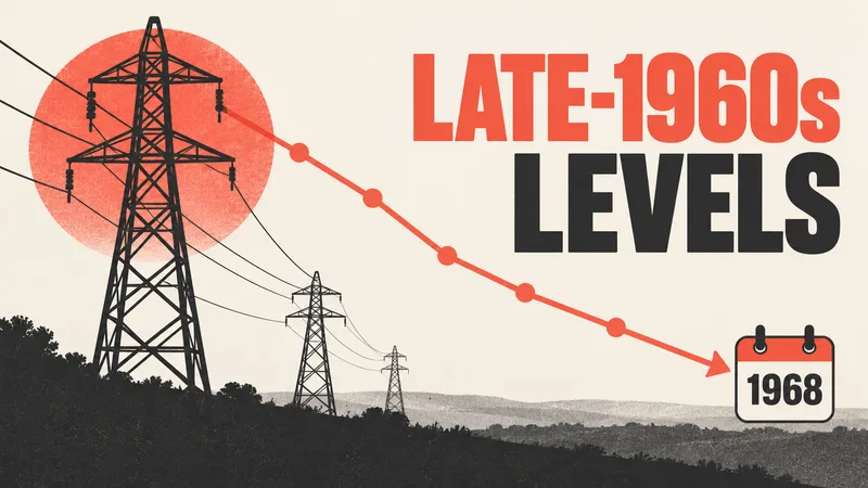 Concept illustration of electricity pylons and a descending timeline pointing to 1968, with the words LATE-1960s LEVELS.