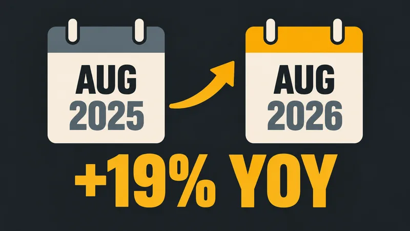 Two calendar pages labelled AUG 2025 and AUG 2026 are connected by an upward arrow above “+19% YOY”.