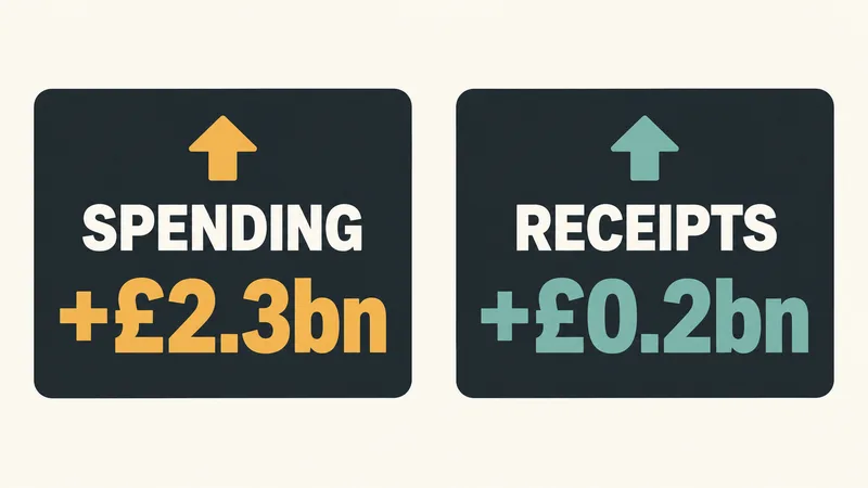 Two separate cards show SPENDING +£2.3bn and RECEIPTS +£0.2bn, each with an upward arrow.