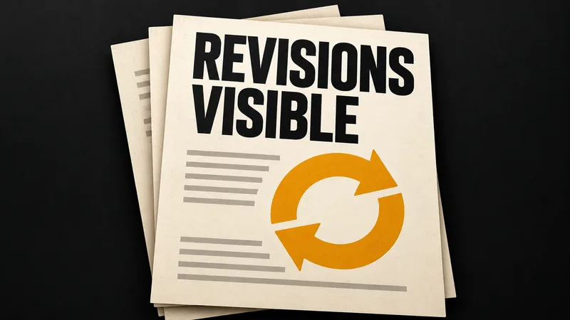 Stacked report pages display “REVISIONS VISIBLE” above an amber circular revision symbol.
