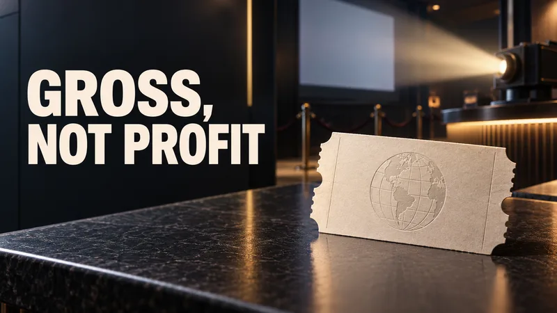 A blank cinema ticket embossed with a globe sits under GROSS, NOT PROFIT text.