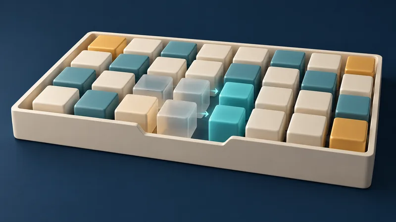 A full storage tray holds many blocks while a small subset of translucent blocks transitions into refreshed blocks; most remain intact.