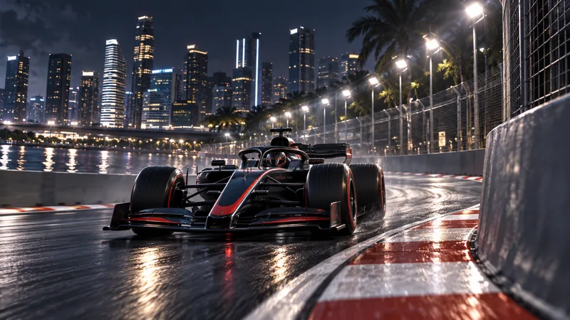 A generic open-wheel race car turns through a brightly lit Singapore-style night street circuit.