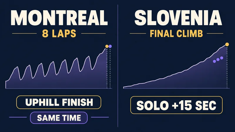 A conceptual side-by-side comparison shows Montréal's eight laps and same-time uphill finish beside Slovenia's final climb and 15-second solo margin.