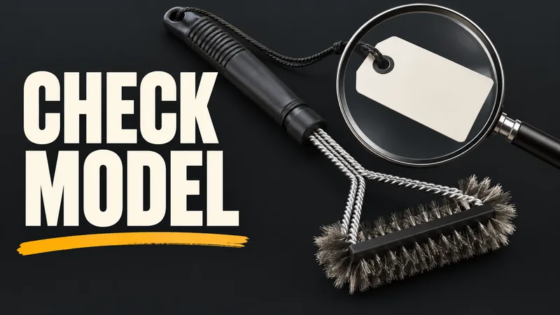 A generic steel-wire grill brush and blank hanging tag sit under a magnifying glass beside the words “CHECK MODEL”.
