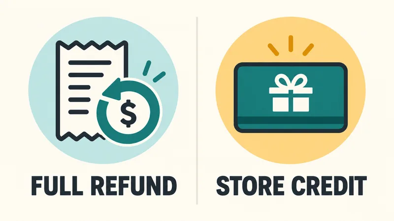 A return-receipt icon labeled FULL REFUND sits beside a generic card icon labeled STORE CREDIT.