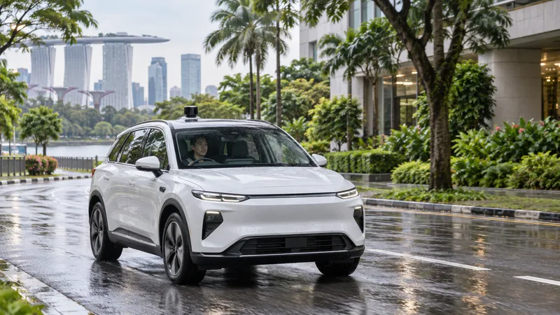 A white electric SUV with a roof sensor travels on a wet Singapore street with a person in the driver’s seat.