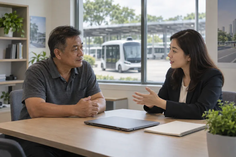 A professional driver and career adviser talk in a neutral room, with an unbranded shuttle outside.