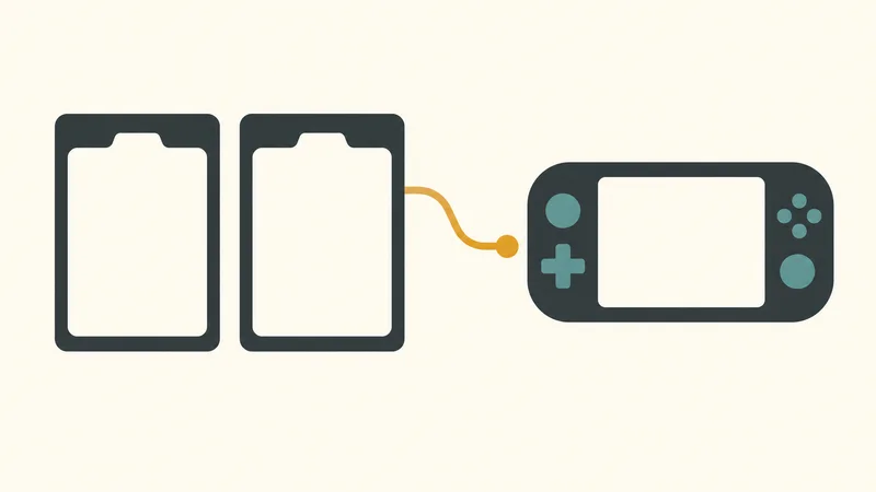 Concept illustration of two blank anonymous game-card shapes linked to a generic blank-screen handheld symbol.