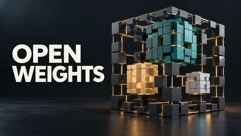 Concept illustration of three abstract model-weight blocks inside an open lattice cube, next to “OPEN WEIGHTS.”